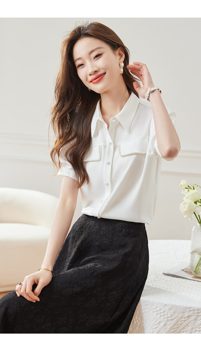 JEANSWEST Women's Summer Beaded Short Sleeve Satin Shirt Professional Design Elegant Commuter Top White XL 14