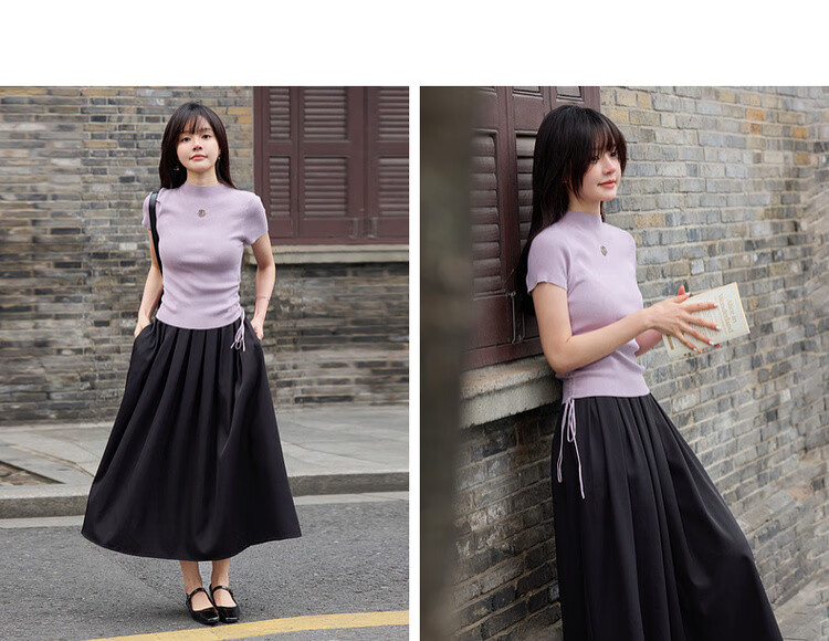 Mt [Drawn Double C Waist] Spring And Autumn Semi-High Round Neck Side Seam Drawstring Sweater Rose Metal Knit Sweater Women's Top 3