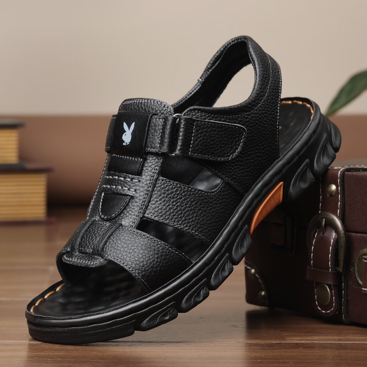 PLAYBOY Men's Sandals, Summer Casual Beach Shoes for Middle-Aged And Elderly Men, Leather Sandals for Dads, Black, Size 38