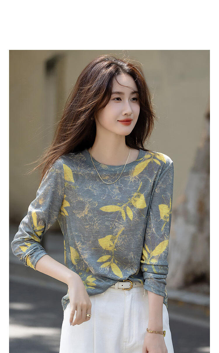 Dme Artistic Ombre Autumn Vintage Round Neck Colorblock Slightly Stretchy Slimming Petite Women's T-Shirt 9