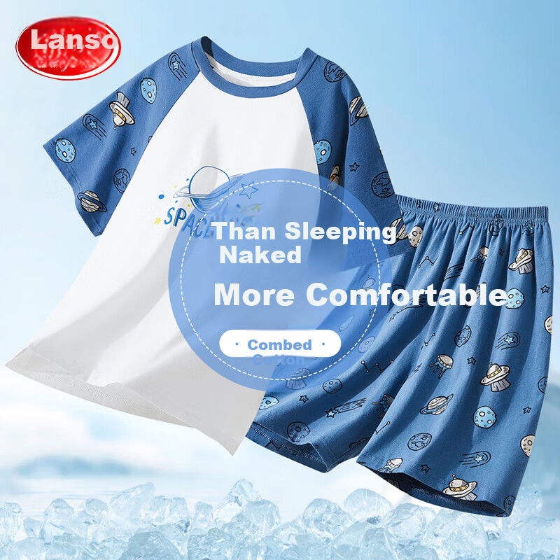 LangSha Children's Pajamas, Boys' Summer Thin Cotton Shorts And Short-Sleeve Sleepwear, Youth Student Home Wear Set for Older Childre