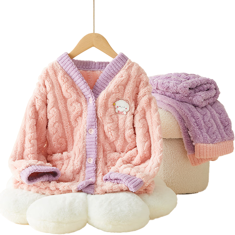 DEESHA (DEESHA) Thickened Double-sided Flannel Girls' Fleece Cardigan Set Spring Autumn Winter Home Wear Pajamas Pajama Pants Can Be Worn Out