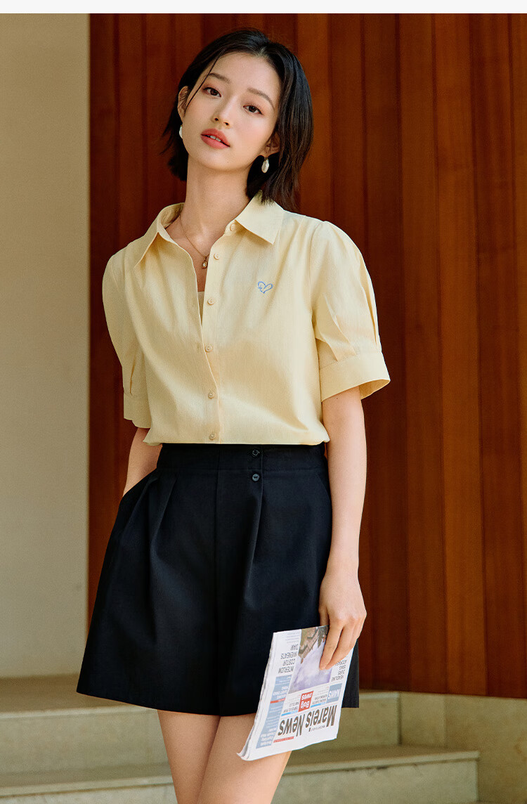 INMAN Commuter Pleated Puff Sleeve Pure Cotton Shirt, Summer Women's Clothing, Turn-Down Collar Embroidered Blouse Top, Light Pink, L 20