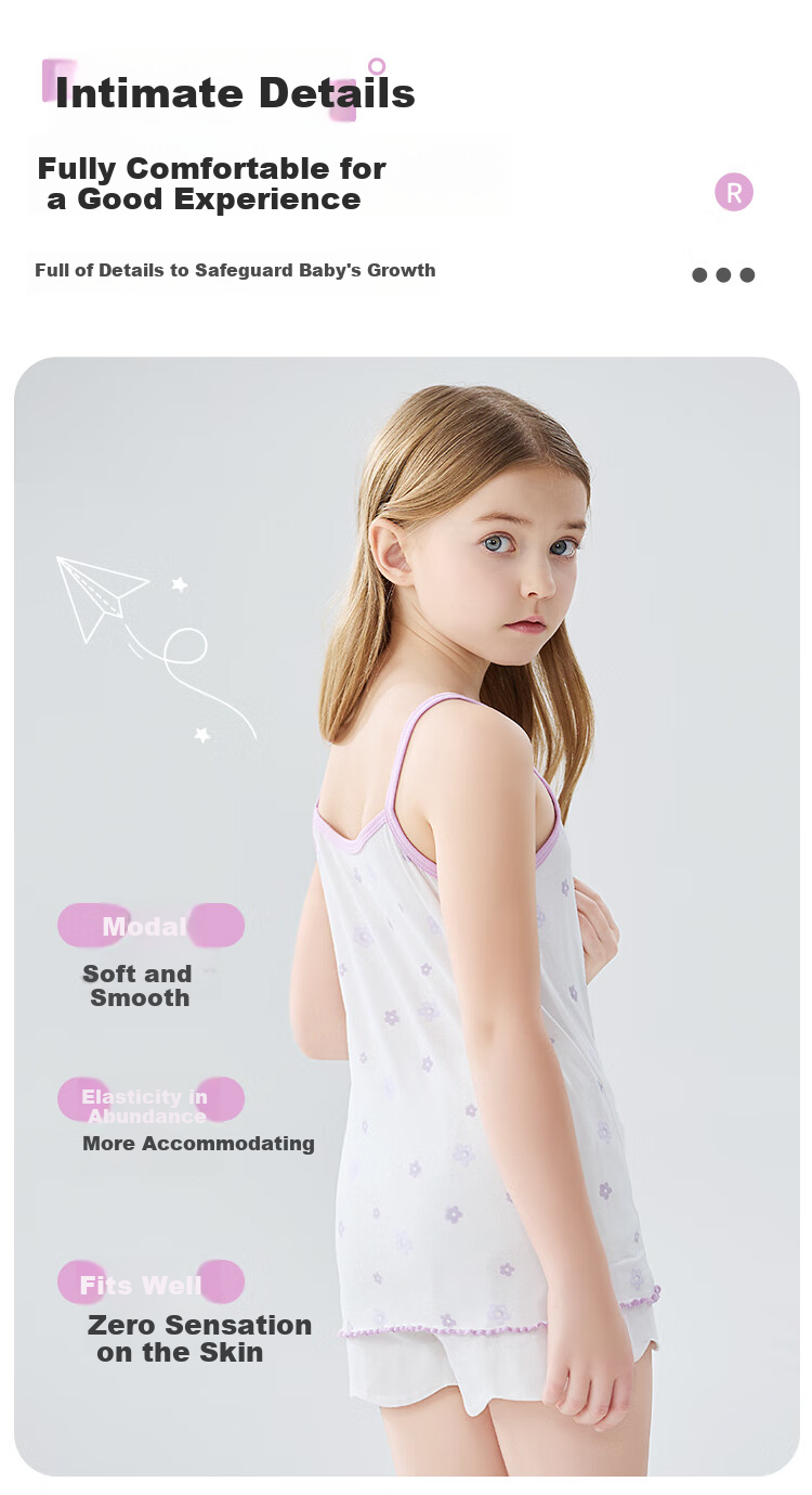 MiiOW Children's Tank Top, Girls' Summer Thin Modal Camisole, Baby Girl Undershirt, Inner Wear, Two-Piece Set 5
