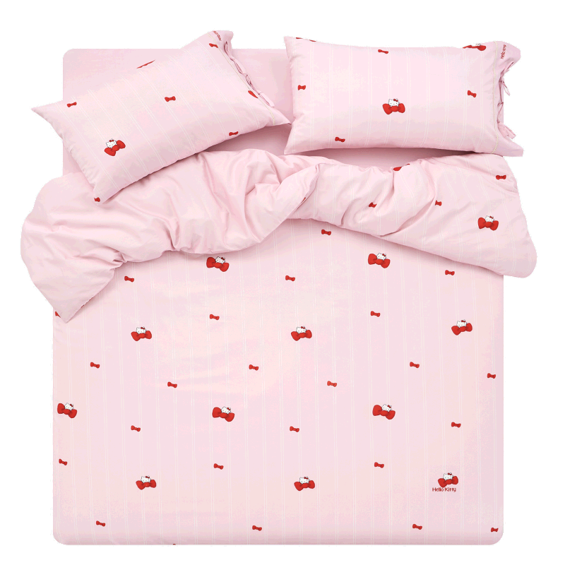 Tbh Sanrio Hello Kitty Cotton Satin Bowknot Print Bedding Set 4-Piece for 1.5m Bed with Fitted Sheet Sakura Pink
