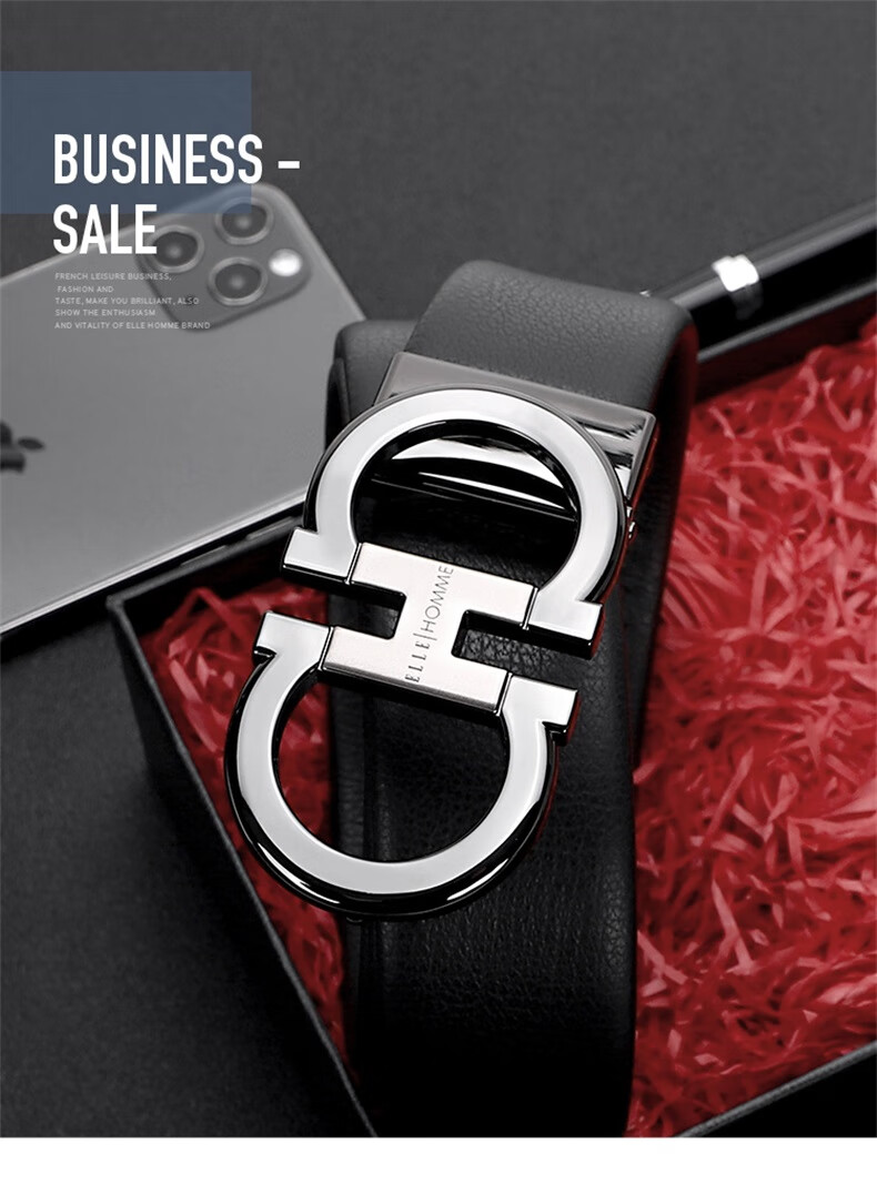 ELLE HOMME Men's Business Leather Belt, Top-Grain Cowhide Buckle Waistband, Fashionable Trouser Belt 4923 Black Birthday Gift for Me 1