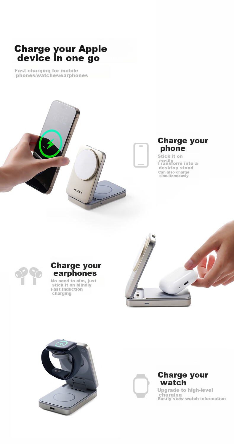 MOMAX Three-In Wireless Charger Gift Box, Apple Certified, Supports MagSafe 15W Magnetic Charging, Compatible with IPhone 18/17/16 Pro Max, Smartwatch, And Earphones 4