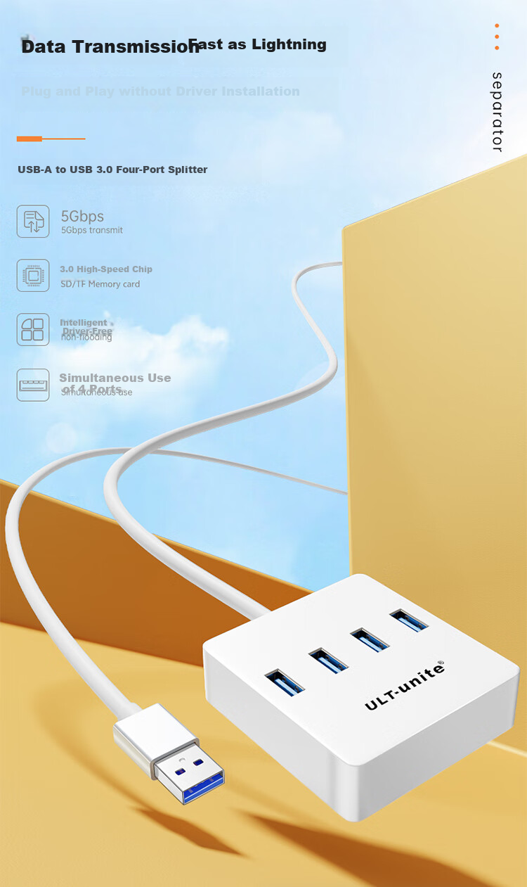 ULT-Unite USB 3.0 Hub, Expansion Dock, High-Speed Four-Port Hub, Laptop And Desktop Multi-Port Adapter, Extension Cable 1