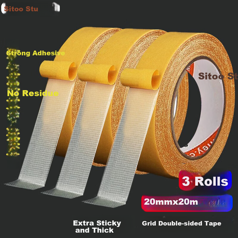Sitoo Double-Sided Tape, Strong Adhesive, High Viscosity, Fabric-Based Adhesive Tape, Waterproof Mesh Double-Sided Tape, Traceless Adhesive, Carpet Fixing Tape, Spring Festival Couplets, 20mm*20m 3-Roll Package