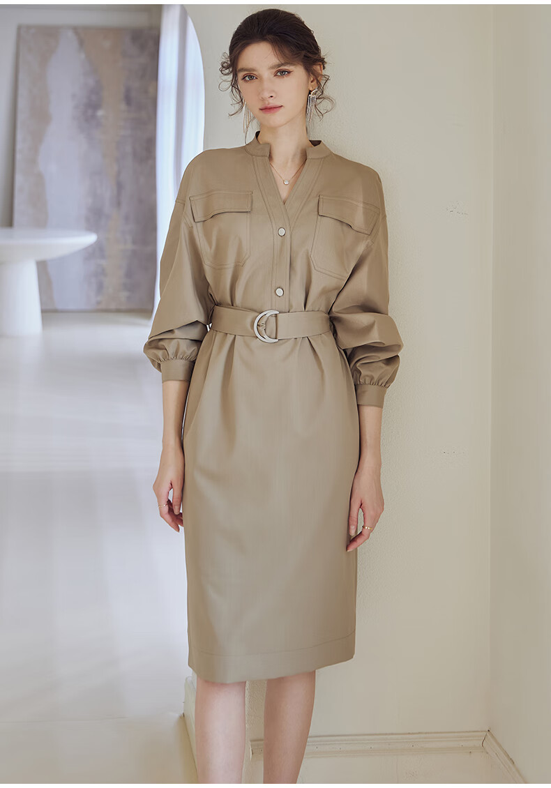 ROEYSHOUSE Waist-Cinching Commuter Dress, 2026 Autumn Collection, Elegant Tie-Waist Midi Skirt 07245, Khaki Green, Size S 7