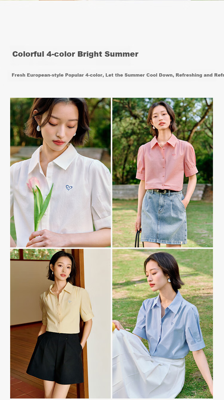INMAN Commuter Pleated Puff Sleeve Pure Cotton Shirt, Summer Women's Clothing, Turn-Down Collar Embroidered Blouse Top, Light Pink, L 1