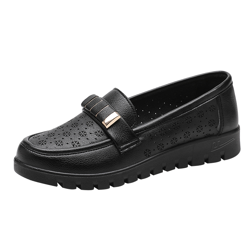 Huili Mom Shoes, Middle-Aged Sandals, Summer Soft-Soled Middle-Aged Women's Leather Shoes, Single Shoes, Non-Slip, 50-60 Years Old, 0062 Black, Size 38