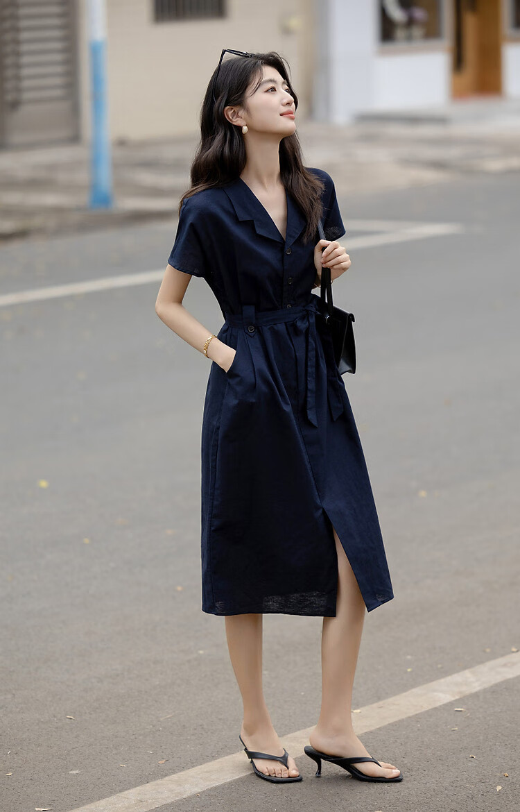 Dme [Smooth Linen Cotton Bamboo Blend] Summer Elegant Office Wear Lapel Tie Three-Button Short-Sleeve Women's Dress 5