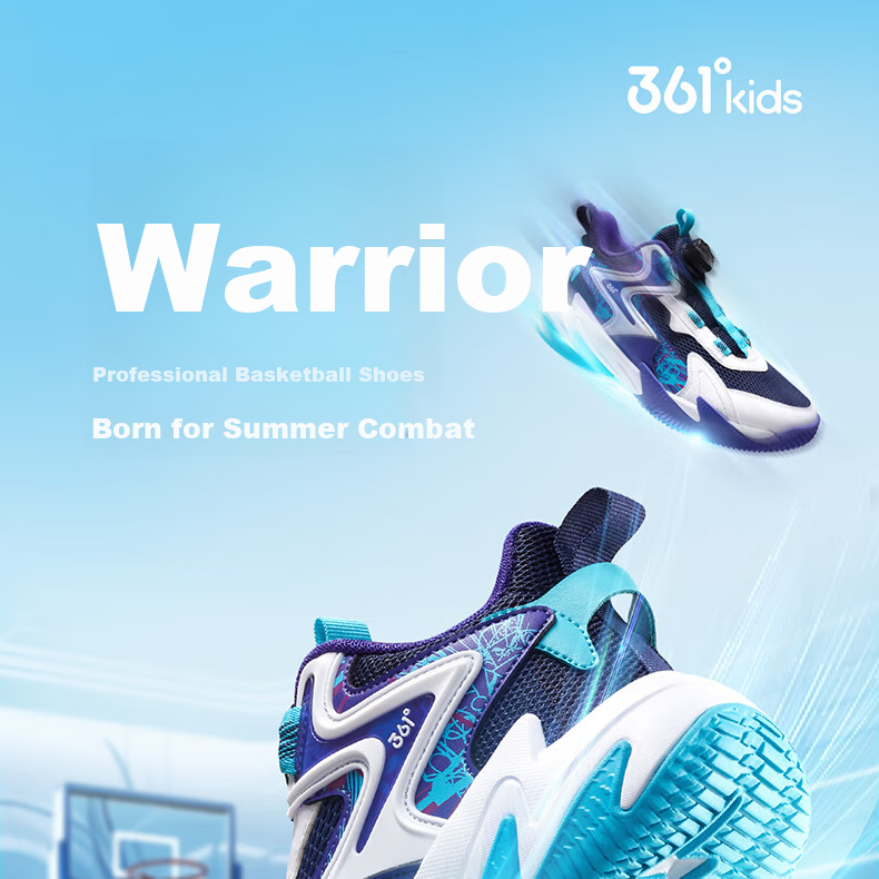 361° Children's Sports Shoes, All-Season Youth Basketball Shoes, Durable Training Sneakers with Rotary Buckle, Blue, Size 35 10