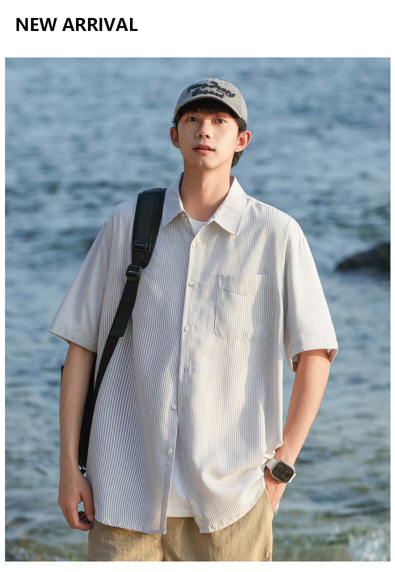 SWAMP AREA Japanese-Style Short-Sleeve Shirt for Men, Summer Trendy Versatile Loose Striped Workwear Shirt Jacket CS2512 Blue XL 1