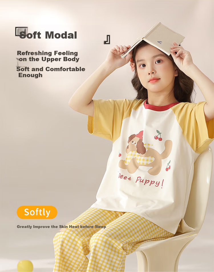 Yunxiangyi Children's Pajamas, Spring And Summer Breathable Modal Cherry Blue Plaid Dog Girl's Sleepwear, Wearable Outside, Loungewear, Size 16 9