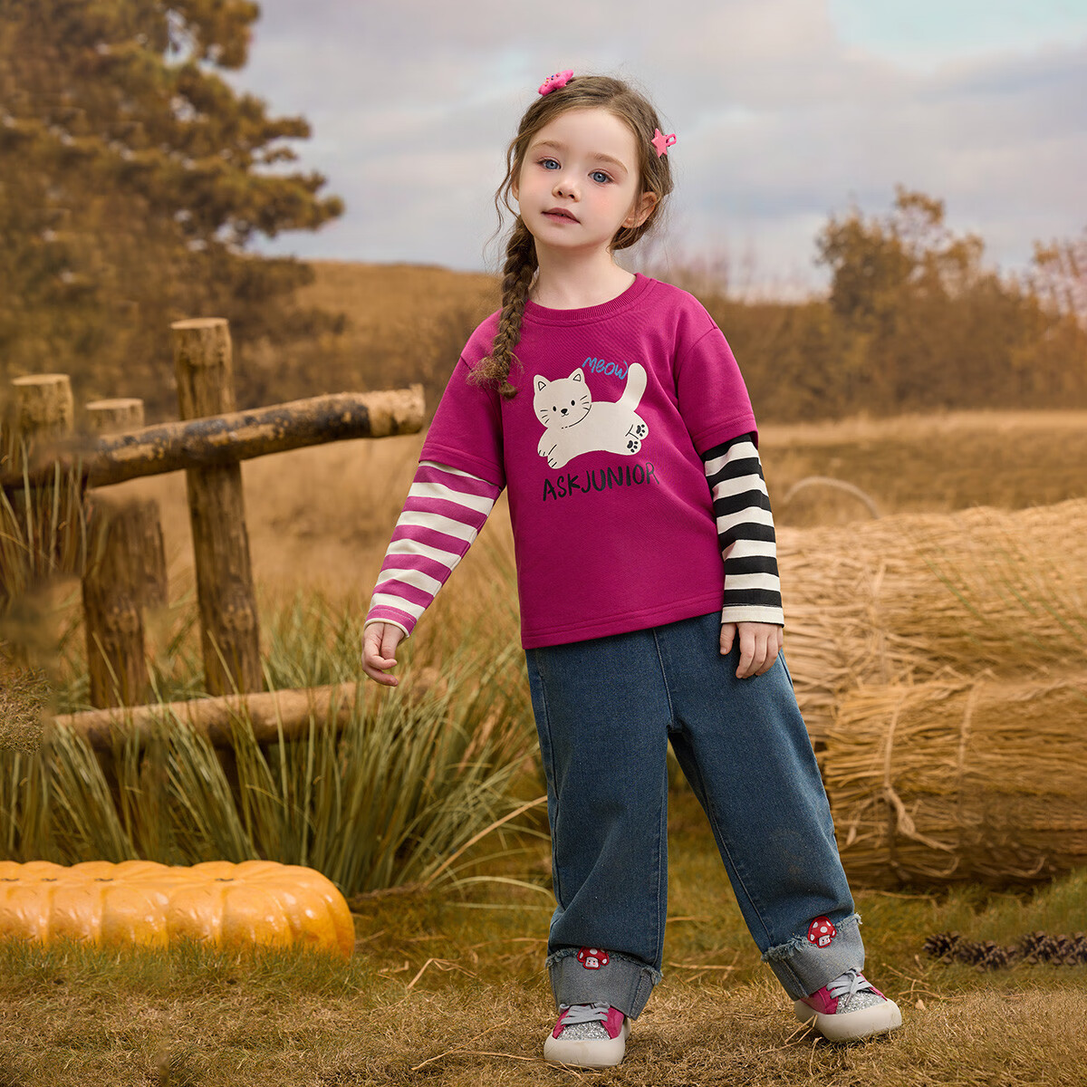 ASK JUNIOR Faux Two-Piece Children's Long Sleeve T-Shirt 2026 Spring Toddler Colorblock Base Shirt Cute Girls Top