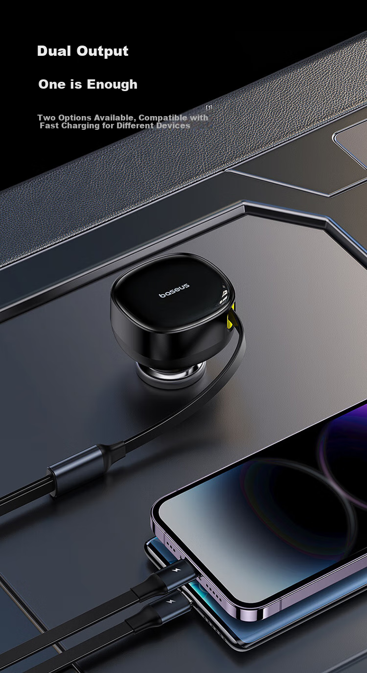 Baseus Car Charger And Cigarette Lighter Dual-Port Super Fast Charging Car Charger, Type-C with Built-In Cable, 60W 5