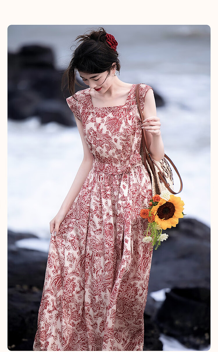 Demana [Dream Among Flowers] Summer National Style New Chinese Square Neck Tie Sleeve Waist Printed Elegant Women's Dress 2