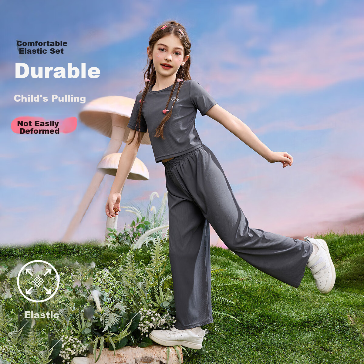 ASK JUNIOR Girls' Summer Sportswear Set: Thin Short T-Shirt + Wide-Leg Long Pants Two-Piece Suit, Gray, Size 110