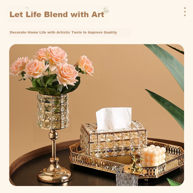 Bingyou Crystal Glass Tissue Box, Paper Towel Holder, Luxury European Style, Living Room Coffee Table, Alloy Material