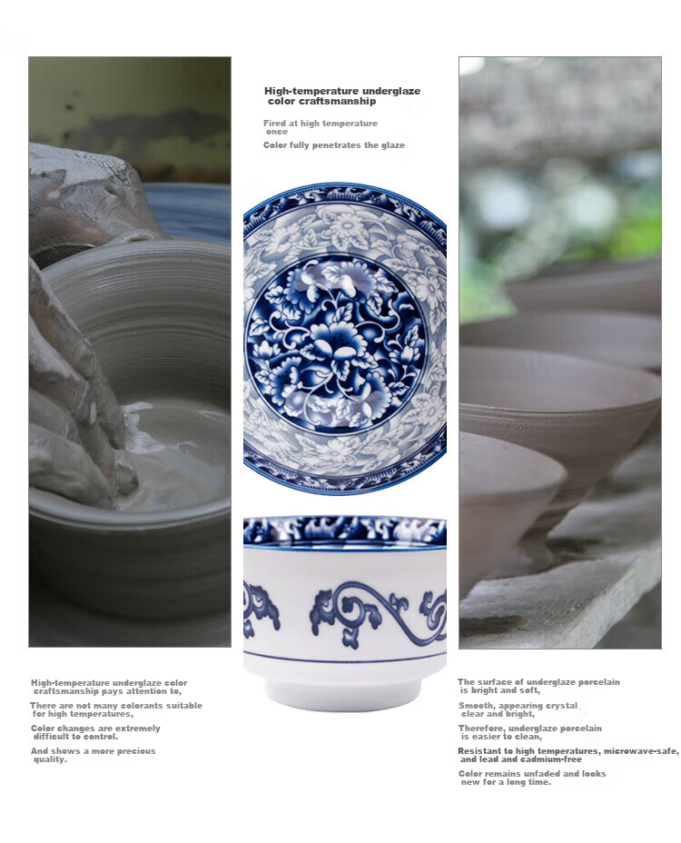 Huaqingge Household Bowl And Plate Tableware, Tang-Style Blue And White Porcelain, 6-Inch Noodle Bowls, Set of 2, Heat-Resistant, Anti-Scalding, Microwave And Dishwasher Safe 3