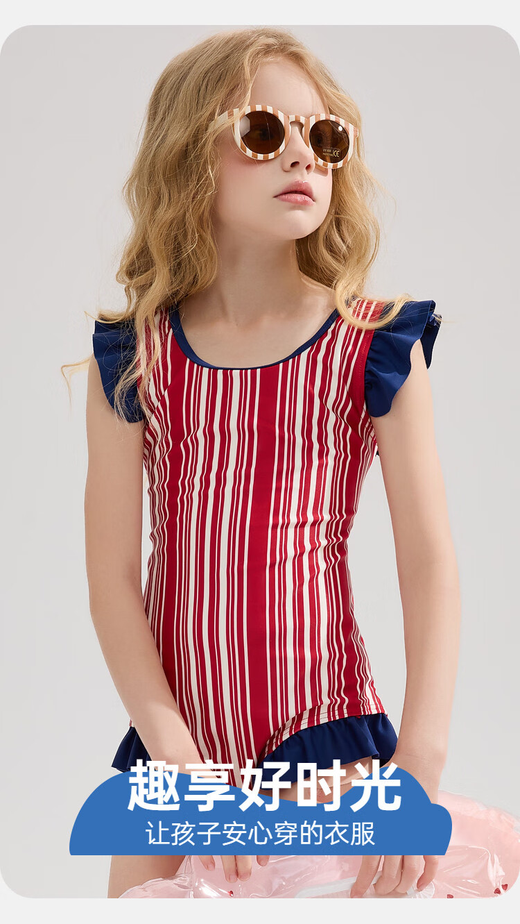 ASK JUNIOR Children's Swimsuit with Swim Cap, Summer One-Piece Vacation Style Short-Sleeve Swimsuit for Older Girls, Red, Size 120 1