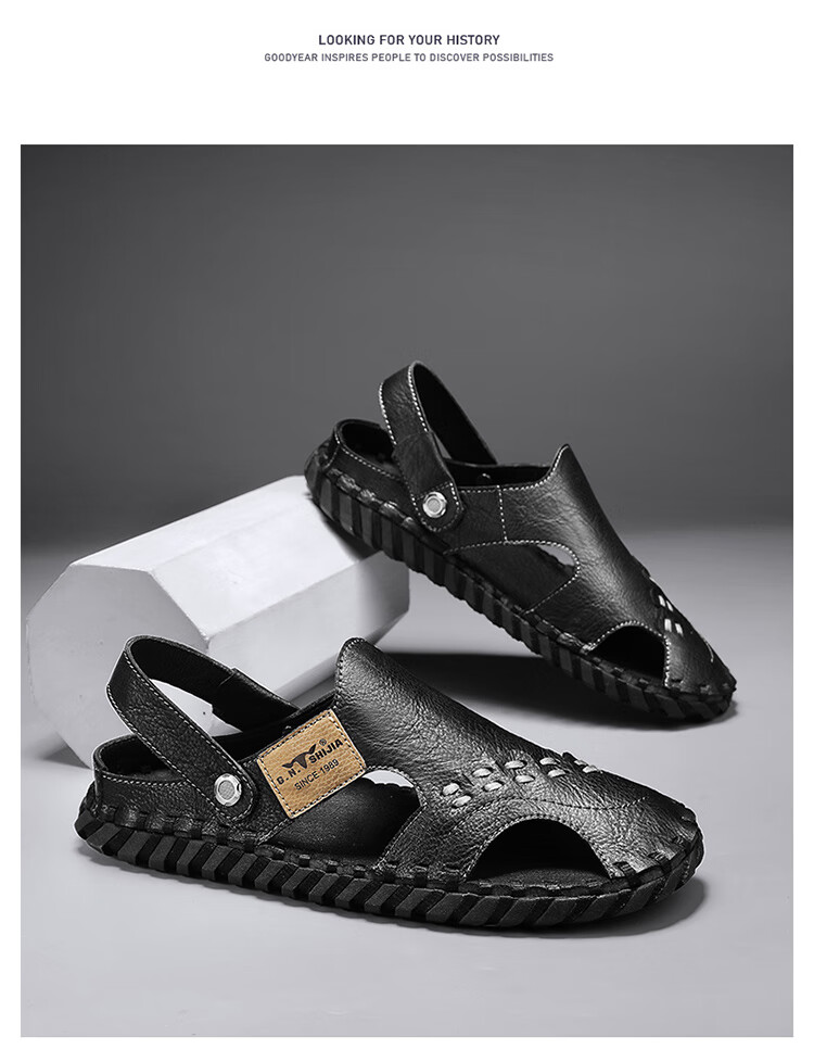 Bull Family Leather Sandals Summer Beach Shoes Men's Driving Outdoor Casual Trendy Soft Leather Soft Sole Handmade Hole Sandals 27