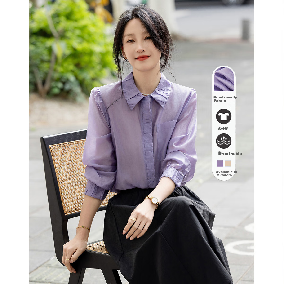 Dme [Smooth And Silky] Spring And Autumn Commute Luxury Tencel Shirt, Lapel Design, Pleated Long-Sleeve Blouse, Women's Top