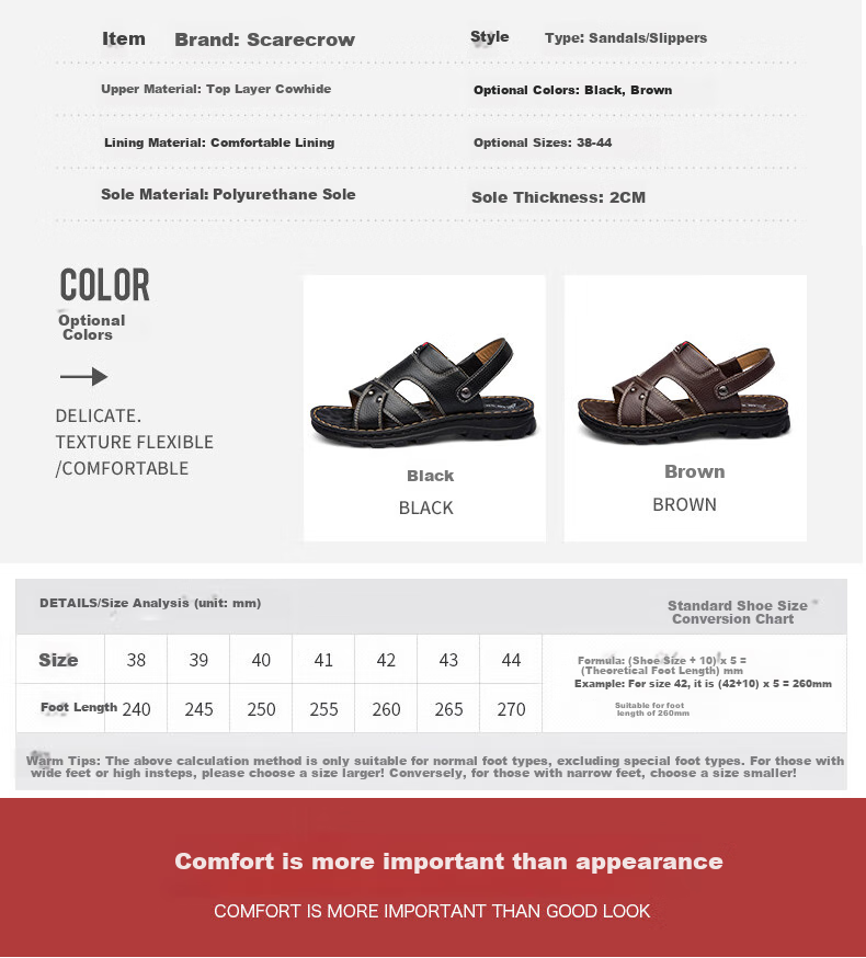 MEXICAN Top-Grain Leather Sandals for Men, Beach Shoes, Men's Slippers, Hollow-Out Casual Men's Shoes, Black, Size 43 5