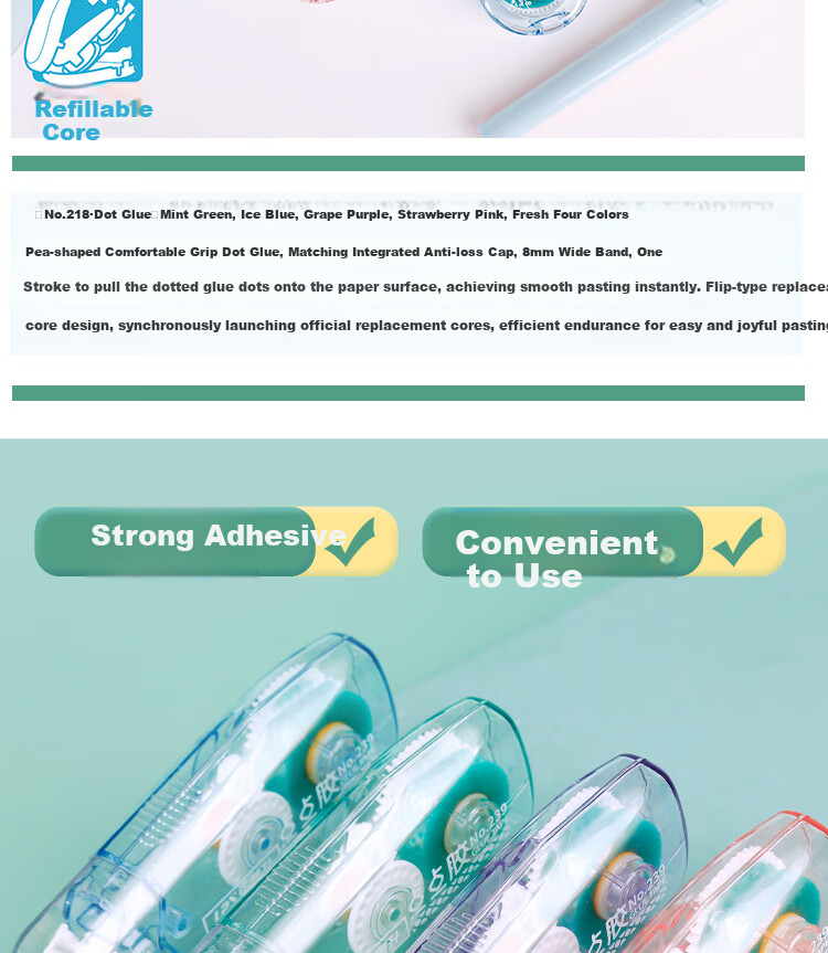 Lepusheng Dot Glue, Point-Shaped Double-Sided Tape with Replaceable Core, Correction Tape-Style, Strong Adhesive High-Viscosity Tape for Students, Point-Shaped Glue for Journaling, 218 Blue 3