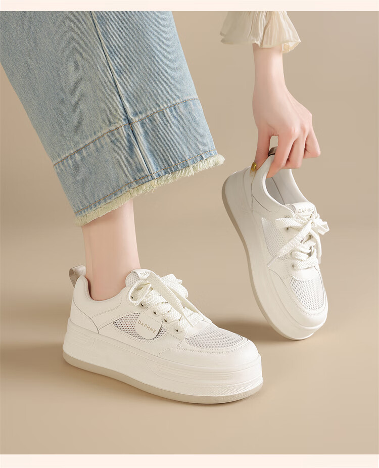 DAPHNE Women's Thick-Soled White Sneakers New Summer Mesh Casual Shoes Single Mesh Beige 39 15