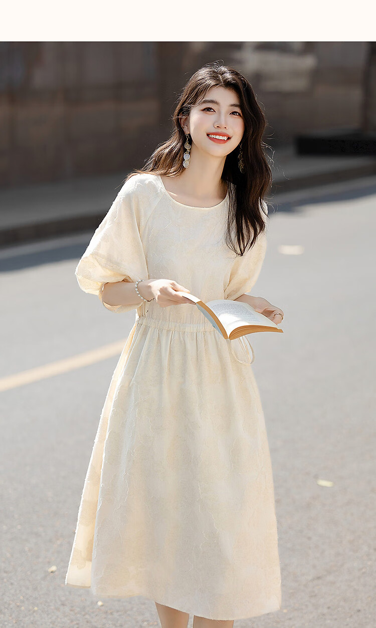 Demana Heavy Embroidered 3D Cutwork Summer French Style Lightweight Loose Mid-Length Women's Dress with Drawstring and Half Sleeves 16