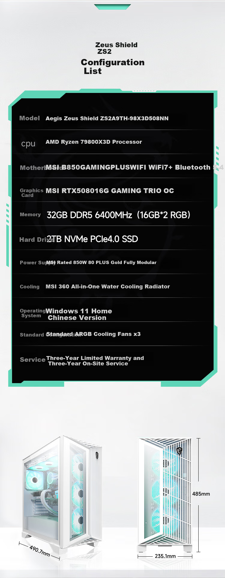 MSI Zeus Shield ZS2, AMD Ryzen R7 9800X3D, RTX5080, 32GB DDR5, 2TB Refreshed Subsidy Gaming Desktop Computer Tower, Complete System, OpenCLaw Drago 4