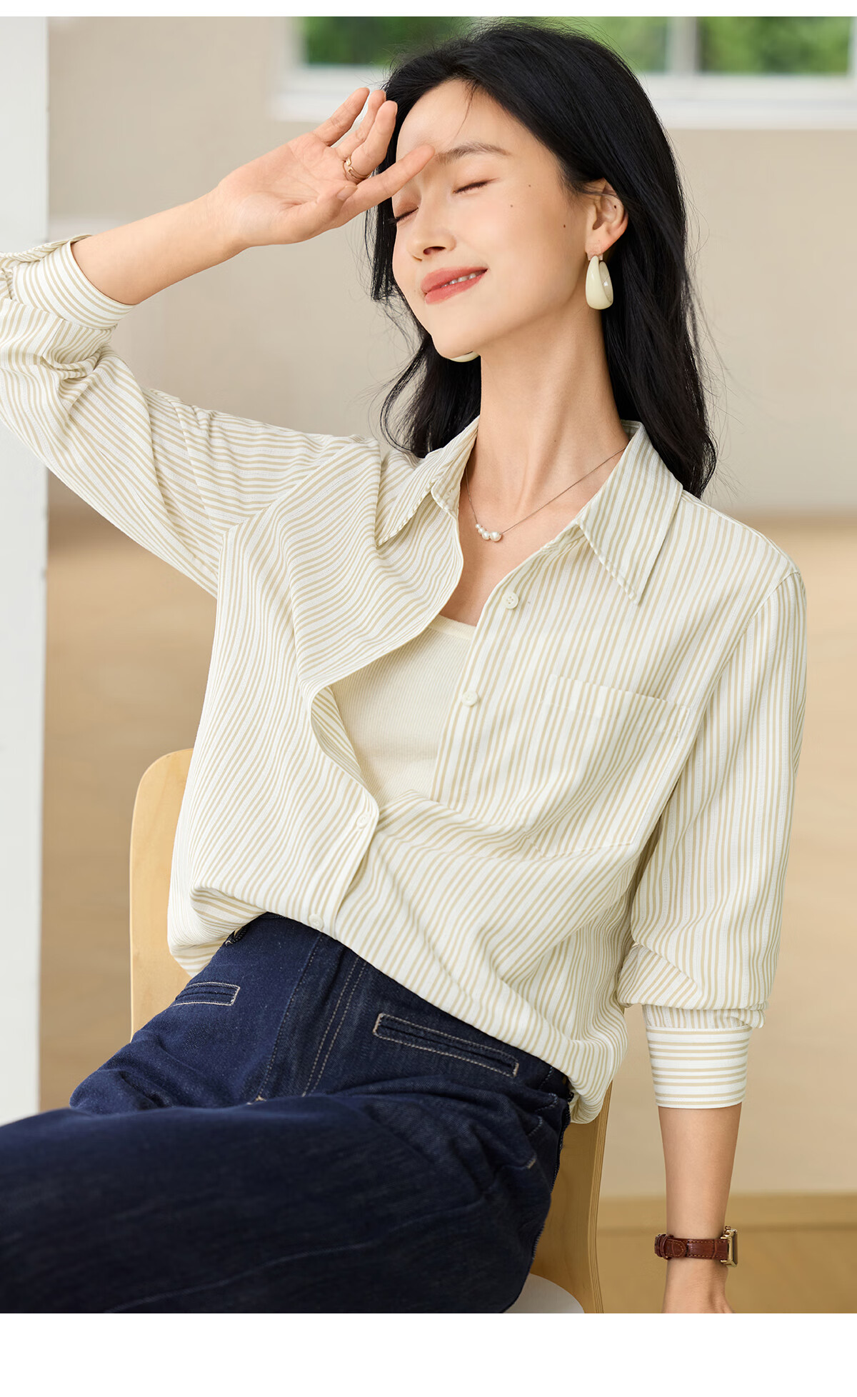 Chushen Women's Spring and Autumn Long Sleeve Shirt Fashion Vertical Striped Versatile Commuter Casual Blouse S53S021 14