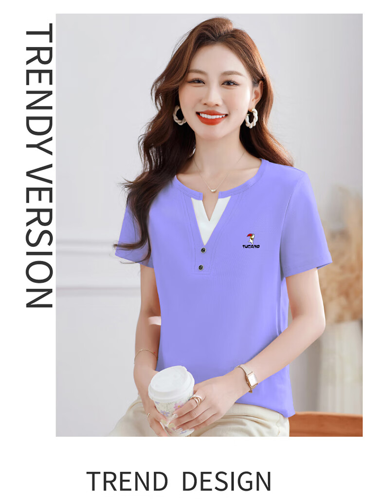 Woodpecker Women's Short Sleeve V-Neck Cotton T-Shirt, Summer Colorblock Slim Fit Plus Size 4XL, Red 18