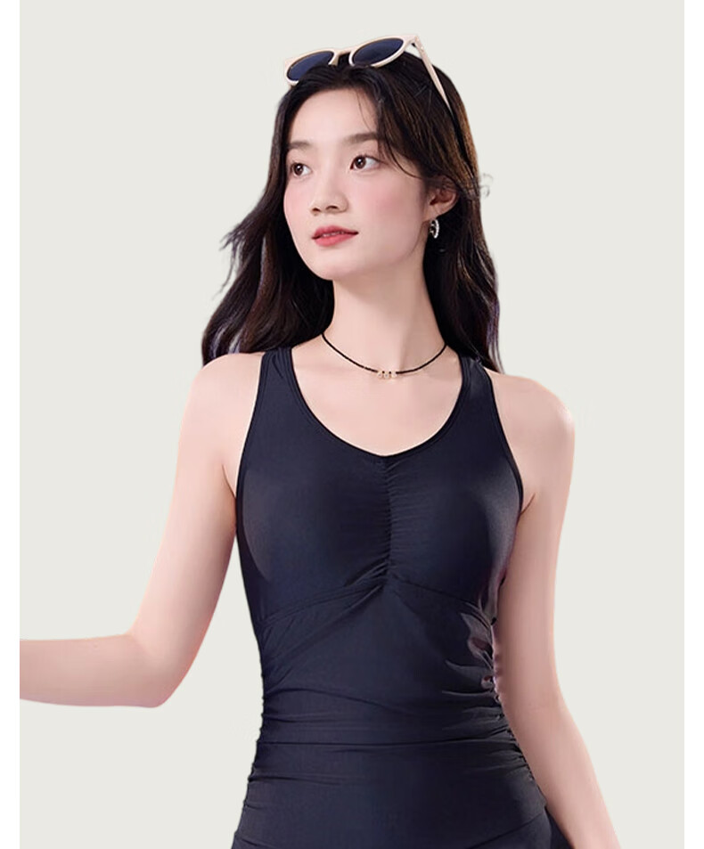 LangSha Women's Black One-Piece Swimsuit Skirt Slim Fit High Elasticity Conservative Anti-Exposure Beach Hot Spring Wear 13