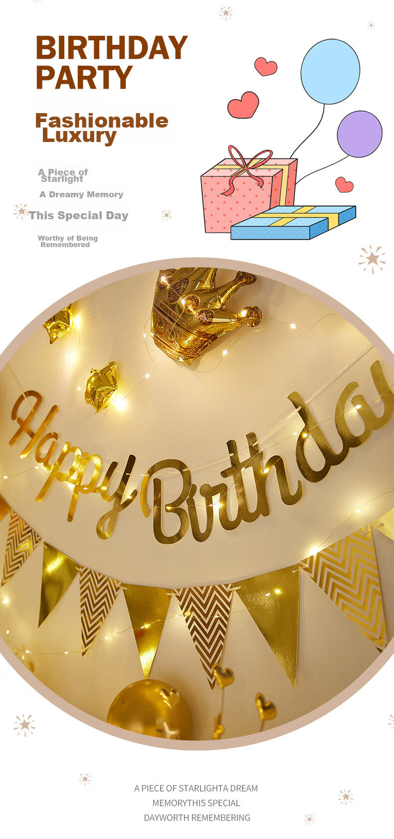 Duomeiyi Birthday Scene Decoration, Birthday Balloon Decorations for Boys And Girls, Children's First Birthday, Golden Years + Lights, Happy Birthday 4