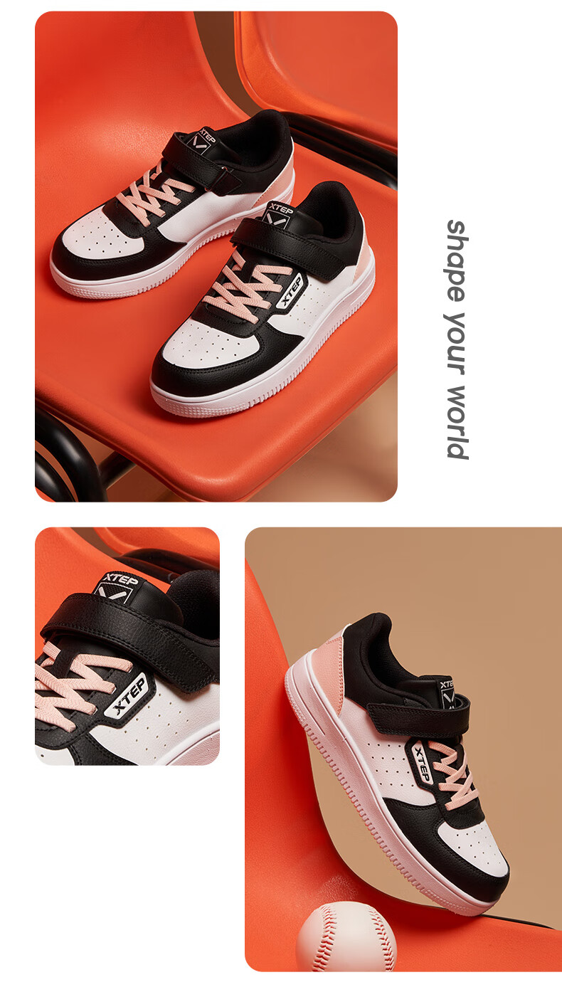 XTEP Kids Sneakers Girls Donut Leather Breathable Sports Shoes XTEP White/Black/Ice Pink Size 36 2