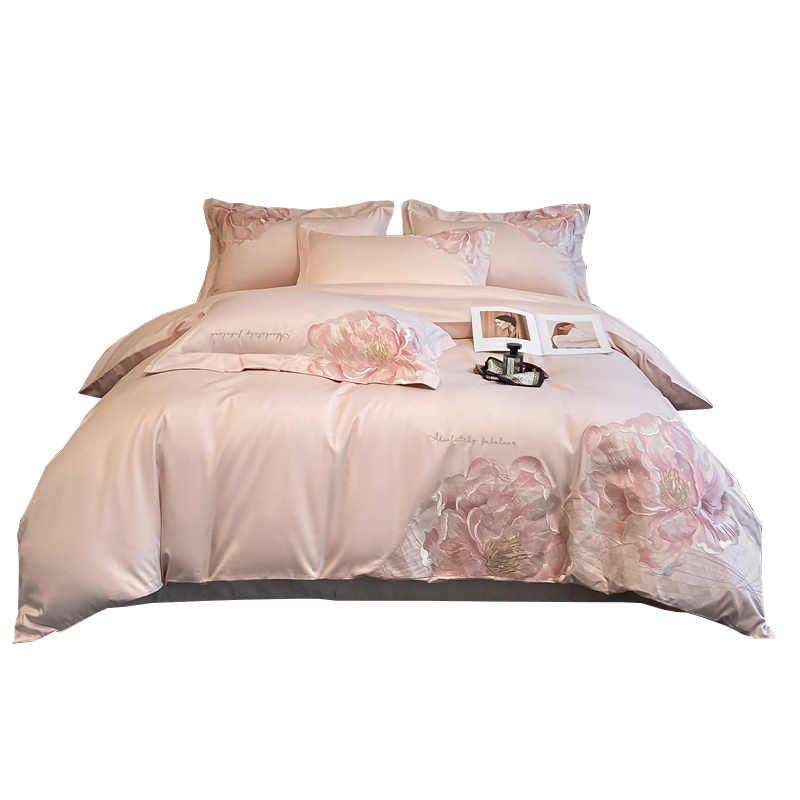 Hengyuanxiang Home Textile 100% Cotton Embroidered Floral 4-Piece Bedding Set for 1.5/1.8m Bed, 200x230cm Pink Set