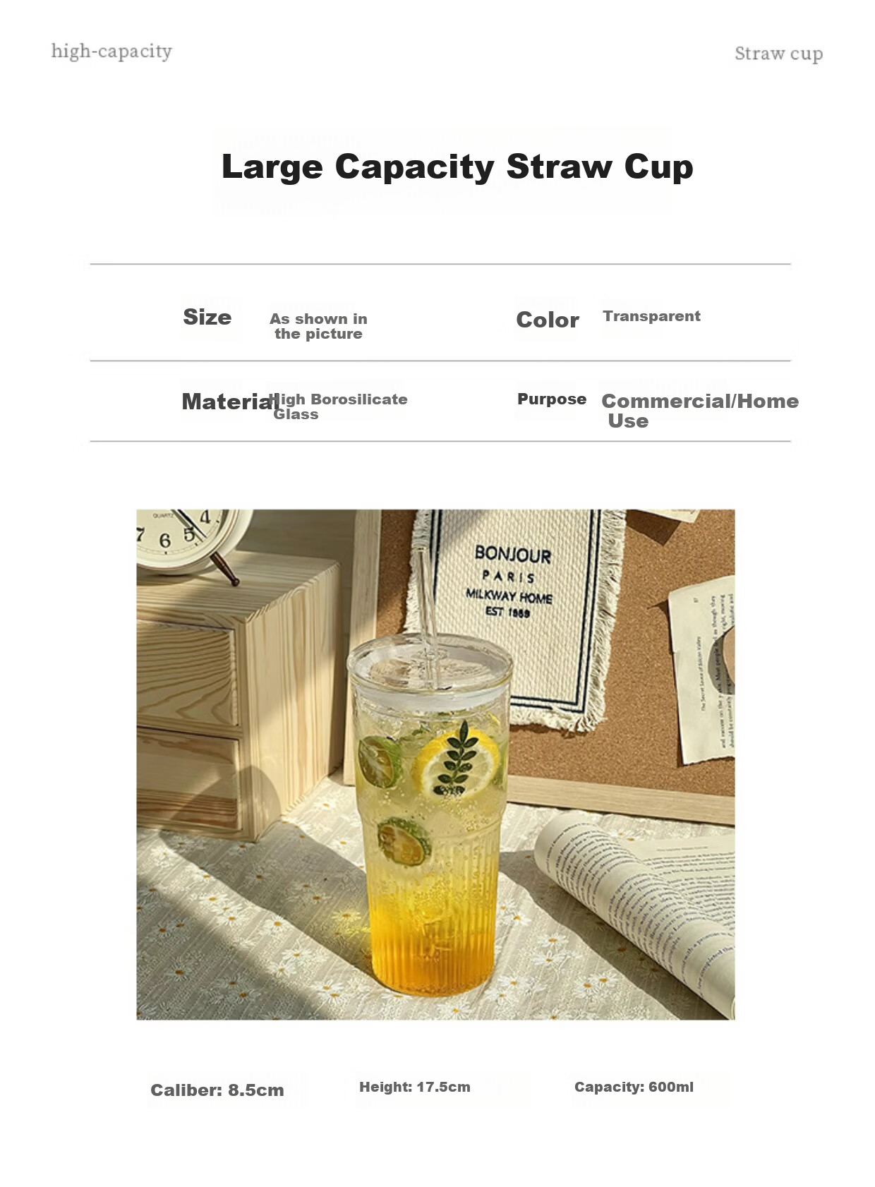 WEIMINGNUO Large Capacity Glass Cup with Lid And Straw, Coffee Mug, Glass Juice Cup, Office Water Bottle, Beverage Cup, Tea Cup 2