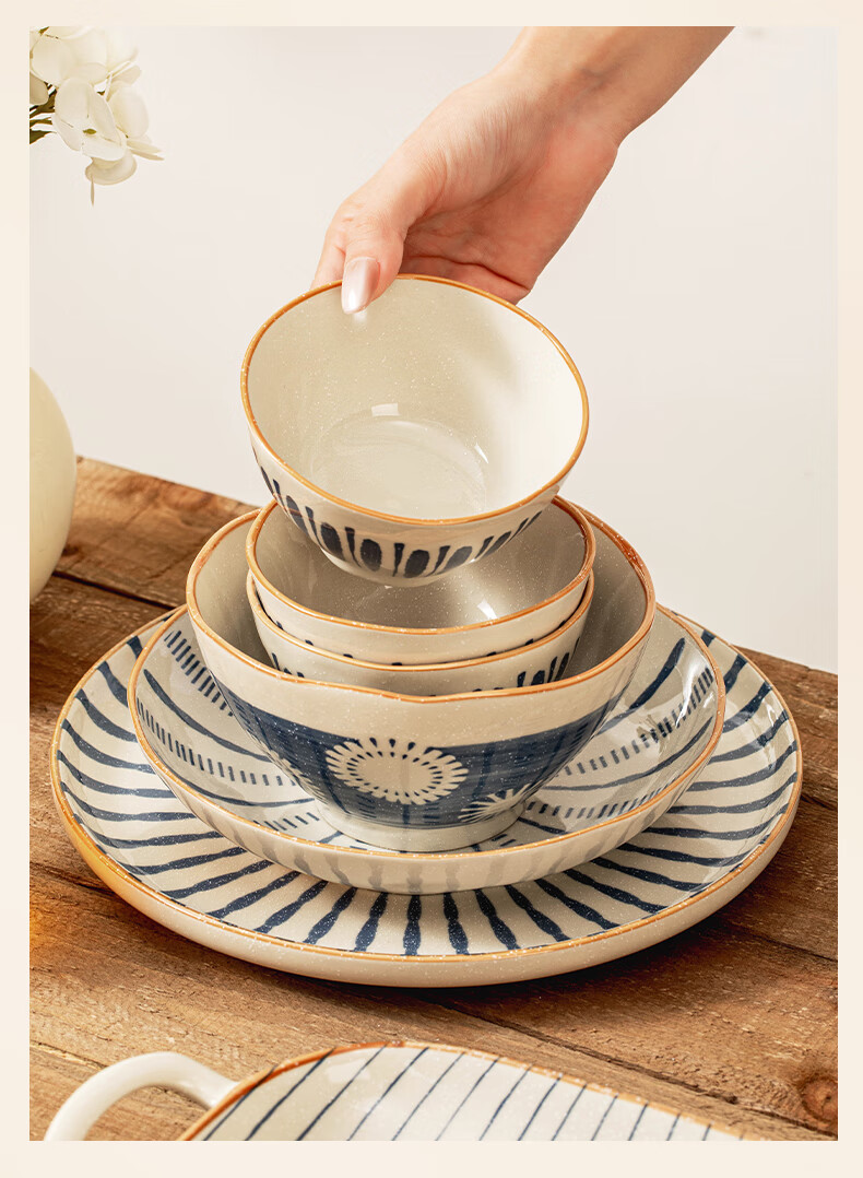 TREEJACK Japanese Style Underglaze Color Ceramic Bowl and Plate Set Housewarming Gift Rice Bowl Plate Chopsticks Tableware 17