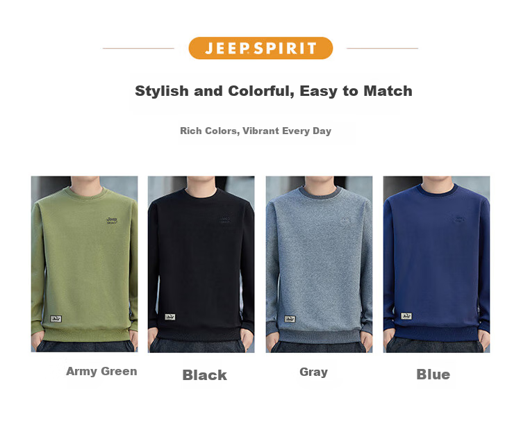 JEEP SPIRIT Men's Sweatshirt, Spring Korean Style, Round Neck Long Sleeve T-Shirt Undershirt for Men, Black, 4XL 4