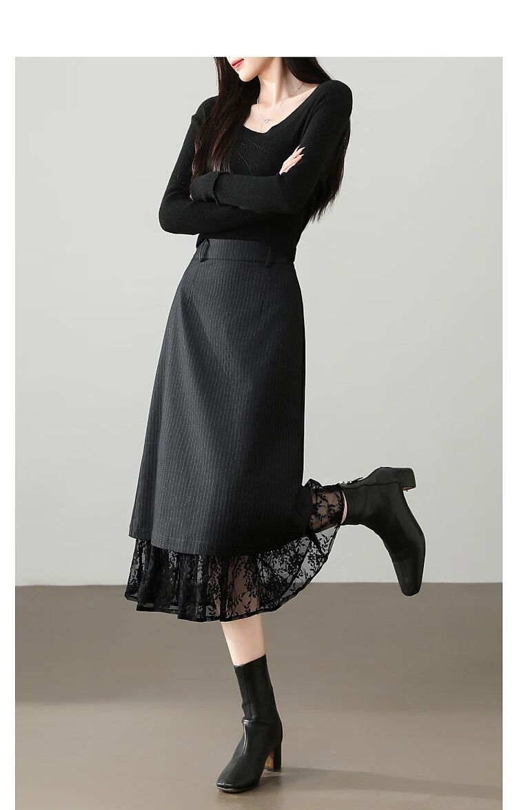 Dme [Office Attire] Autumn Elegant Style High-Waisted Lace Trim Back Center Zipper Straight-Leg Women's Skirt 4