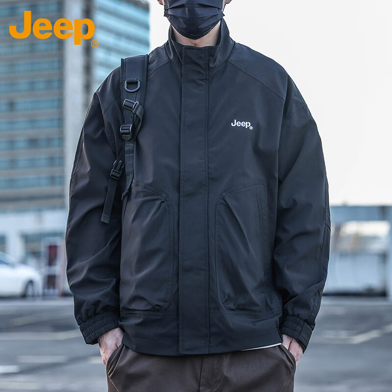 JEEP Men's Jacket Autumn Winter Stand Collar Executive Casual Loose Fit American Style Black 4XL