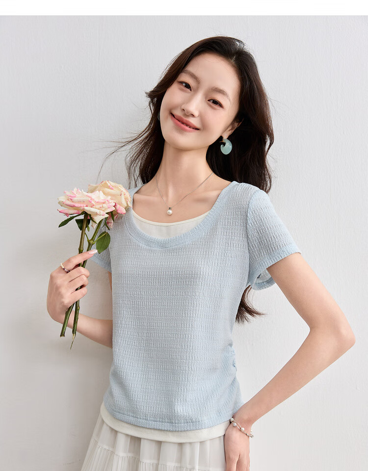 Sentubila Color Block Round Neck Waist Side Pleated Short Sleeve Textured T-Shirt for Women, Summer Commute Fashion Elegant Versatile Top 19