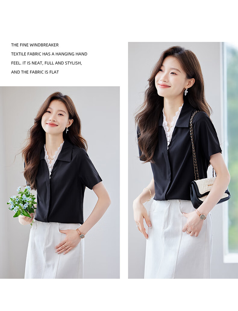 JEANSWEST Women's Summer Short Sleeve Solid Color V-Neck Lace Splice Shoulder Fashion Formal Shirt White L 8