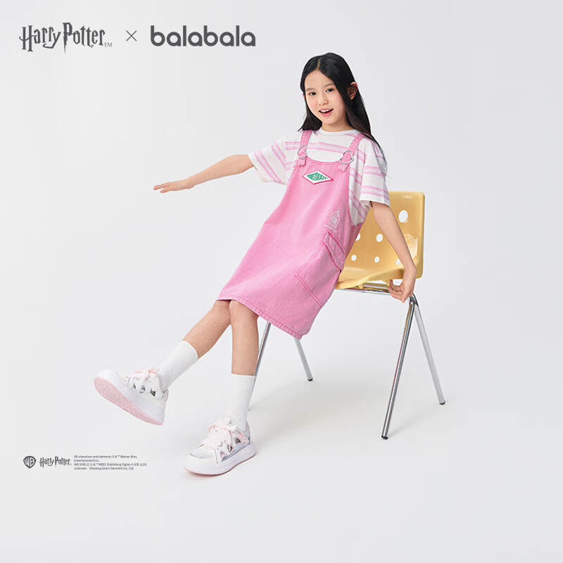 BALABALA Harry Potter Collection Girls' Summer Denim Suspender Dress with Faux Two-Piece Design