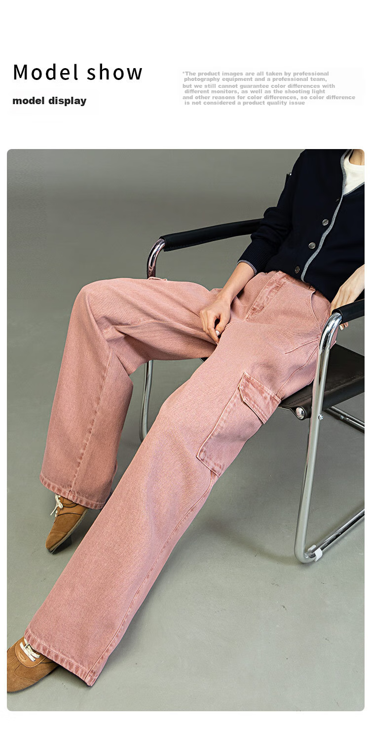 Dme [Sweet Cool Mountain Style] Spring And Autumn Asute-Dyed Nostalgic Multi-Pocket Wide-Leg Cargo Pants for Women, Denim Jeans 4