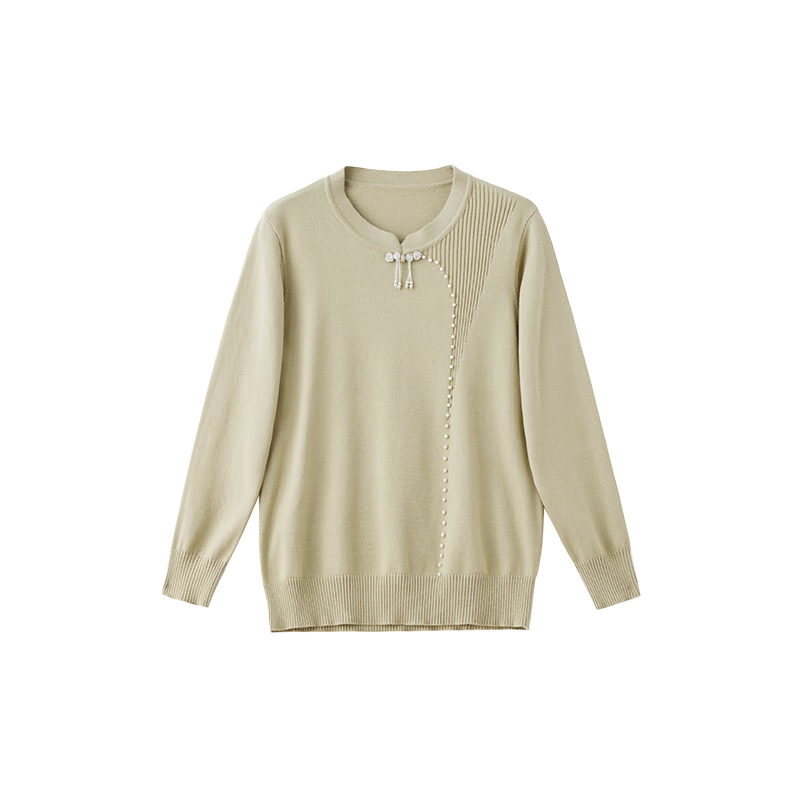 Pastel Spring and Autumn New Chinese Style Round Neck Knit Sweater Loose Fit National Style Base Shirt for Middle-aged and Elderly Women Green 4XL